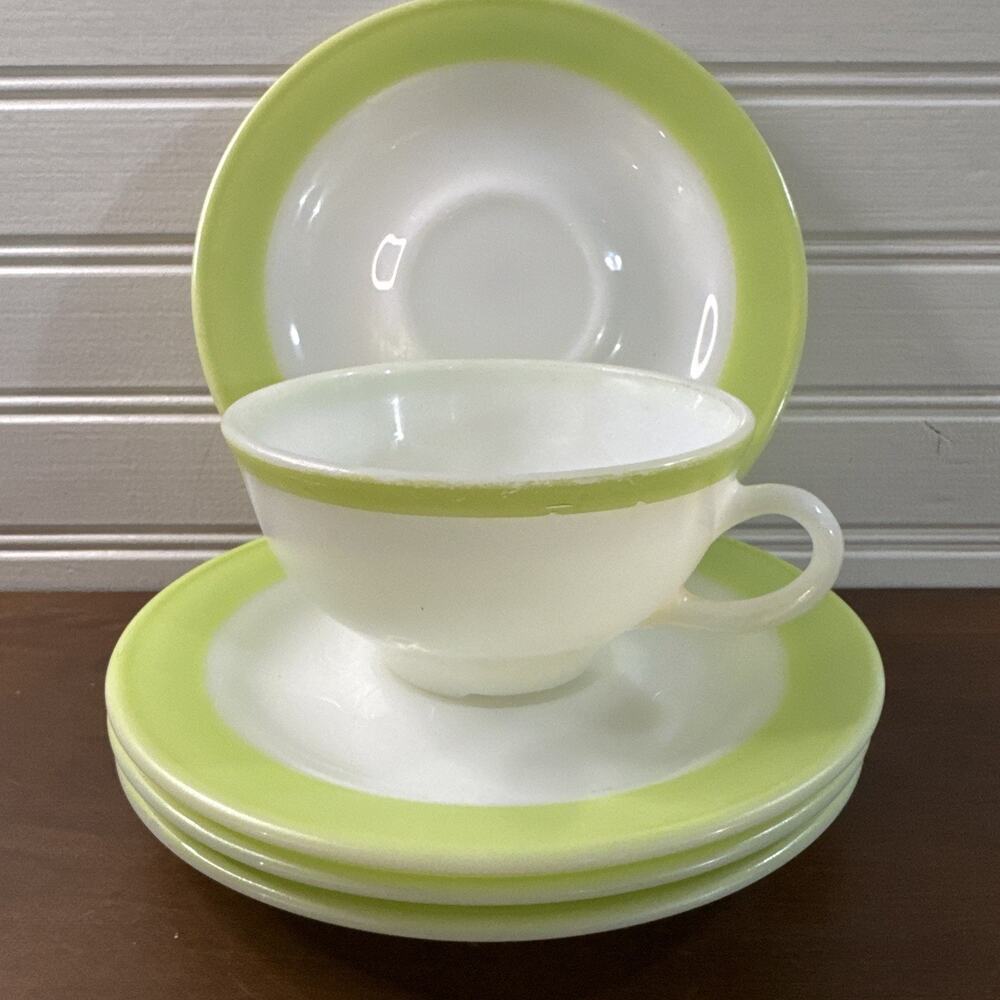 Vintage Pyrex Milk Glass - 1 cup & 4 saucers - Lime Green Band USA